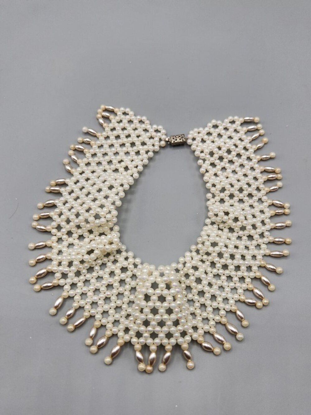 Vintage Faux Pearl Choker Wide Collar Necklace 14" Beaded